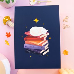 Sleeping Cat on Book Pile Print - A5 Print for Booklovers