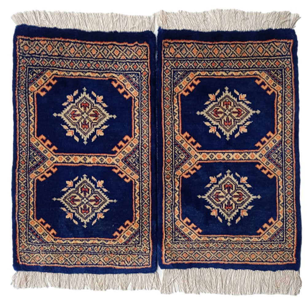 Alfombrilla de lana azul golfo anudada a mano de Bokhara