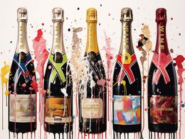 Champagne bottles colorful splatter art abstract celebration festive drink bottles.