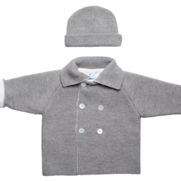 Abrigo con gorro jaspeado gris, 100% lana merino finísima