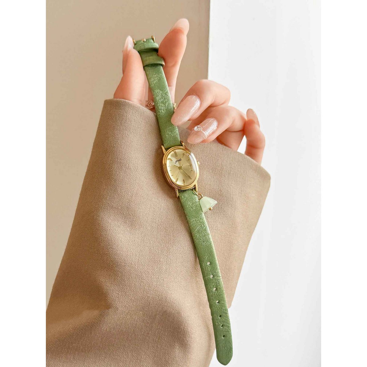 Pesto - Vintage groen leren dameshorloge
