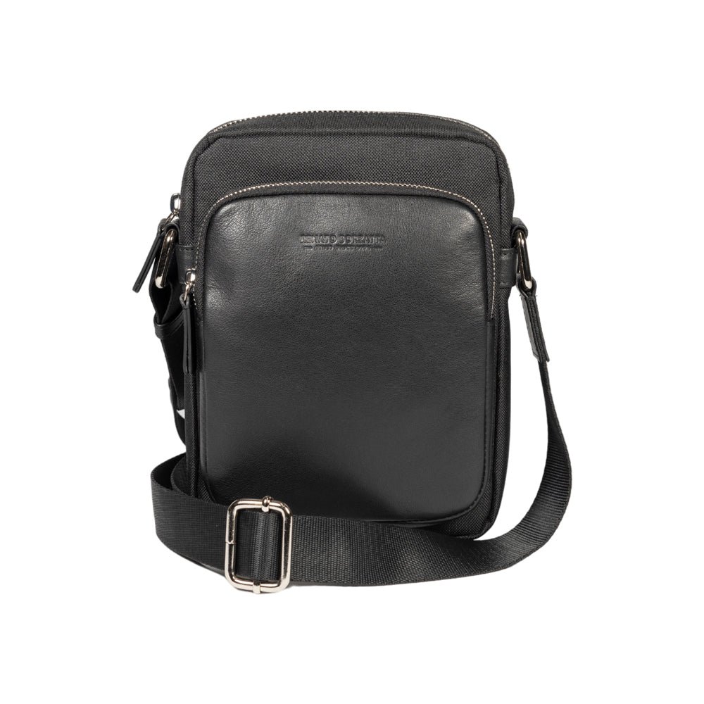 RB2002A | Skuldertaske i nylon/ægte læder, med let narvning. Lynlås og justerbar skulderrem - Sort farve - Mål: 15,5 x 21 x 7 cm Emballage: Non-woven stof taske