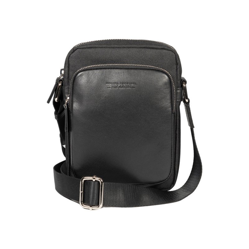 RB2002A | Skuldertaske i nylon/ægte læder, med let narvning. Lynlås og justerbar skulderrem - Sort farve - Mål: 15,5 x 21 x 7 cm Emballage: Non-woven stof taske