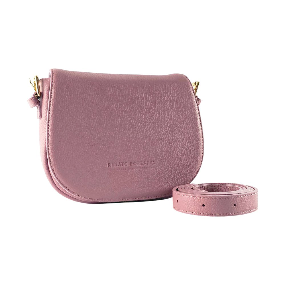 RB1002AZ | Sac bandoulière en cuir véritable fabriqué en Italie avec bandoulière en cuir amovible et attaches avec boucles en métal doré brillant - Coloris Rose Antique - Dimensions : 26 x 20 x 10 cm