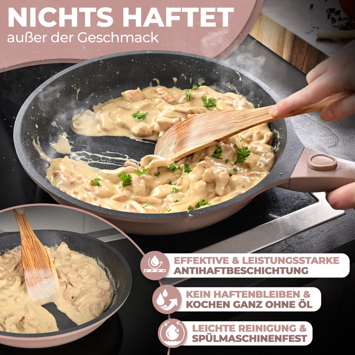 Froh pan 28 cm, non -stick coating, removable handles, induction, oven festival (pink)