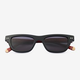 Black rectangular sunglasses with wooden accents, anniversary model