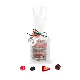 A pack of 4 assorted dried berries, including strawberries, blackberries, and raspberries. The berries are deep red in color and have a wrinkled, dried appearance.