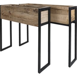 Rustic wooden planter with black metal frame, suitable for indoor or outdoor use. Dimensions: 24" W x 12" D x 30" H.
