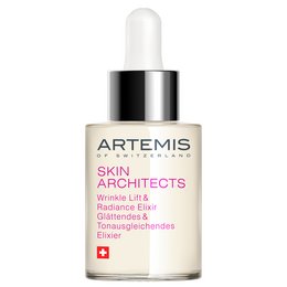 This Artemis Skin Architects Wrinkle Lift & Radiance Elixir is a face serum designed to reduce the appearance of wrinkles and improve skin radiance. The product features a glass bottle with a dropper applicator.