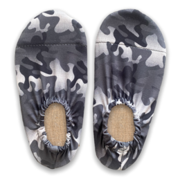 Gray camouflage pattern children's water shoes with non-slip sole and beige footbed.