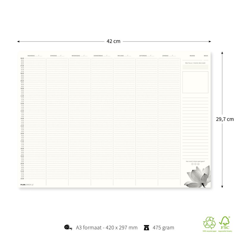 Prikkelarme A3 weekplanner / deskplanner 'Lotus' schrijfblok