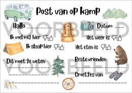Camping-themed friendship card with various illustrated icons representing the outdoors, nature, and camping activities.