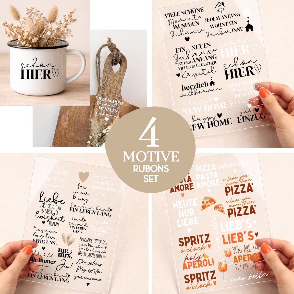 4 Rub On Stickerbögen, viele Motive für Muttertag, Einzug, Hochzeit, UV-DTF Aufkleber im A5 Format