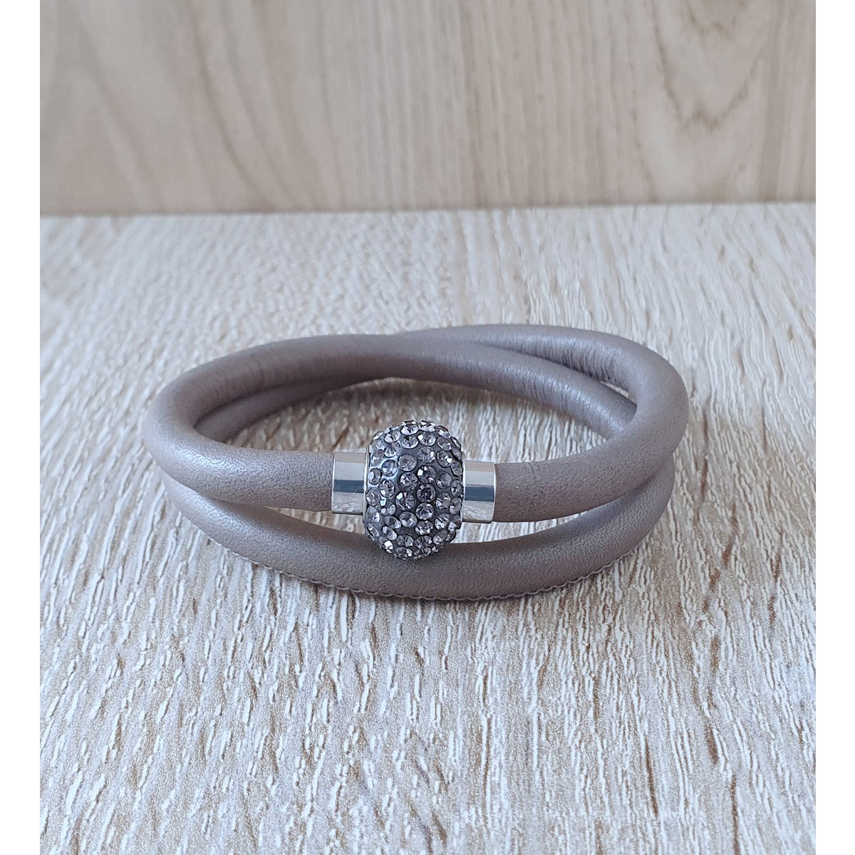 Grey double wrap leather bracelet with crystals