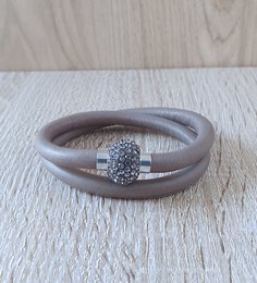 Grey double wrap leather bracelet with crystals