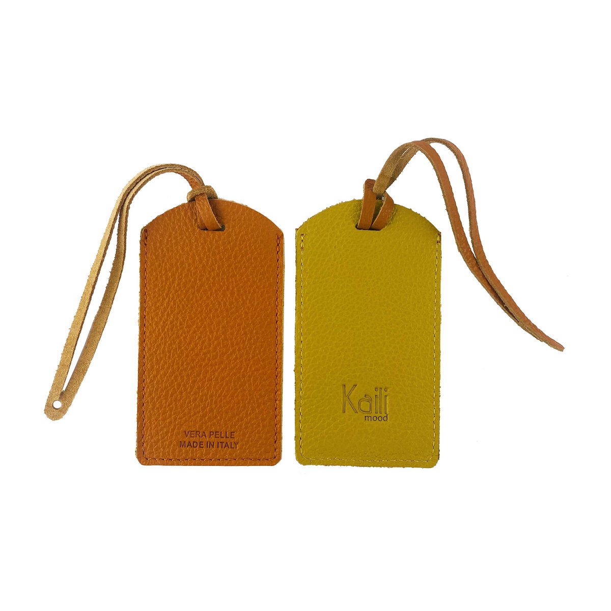 K0041LRB | Hergestellt in Italien, zweifarbiger Gepäckanhänger aus echtem Vollnarbenleder, genarbter Dollar – Orange/Gelb – Maße: 6,5 x 12 cm – Verpackung: stabiler Boden/Deckel in Geschenkbox