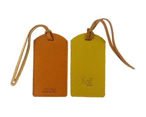 K0041LRB | Hergestellt in Italien, zweifarbiger Gepäckanhänger aus echtem Vollnarbenleder, genarbter Dollar – Orange/Gelb – Maße: 6,5 x 12 cm – Verpackung: stabiler Boden/Deckel in Geschenkbox