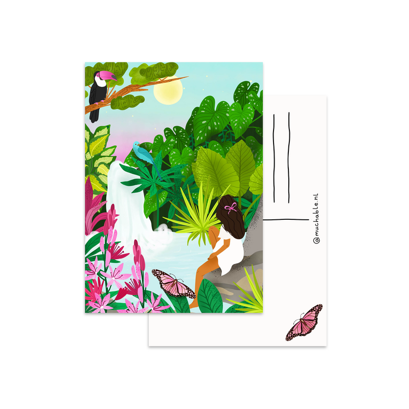Postkarte - Illustration Frau am Wasserfall und Dschungel
