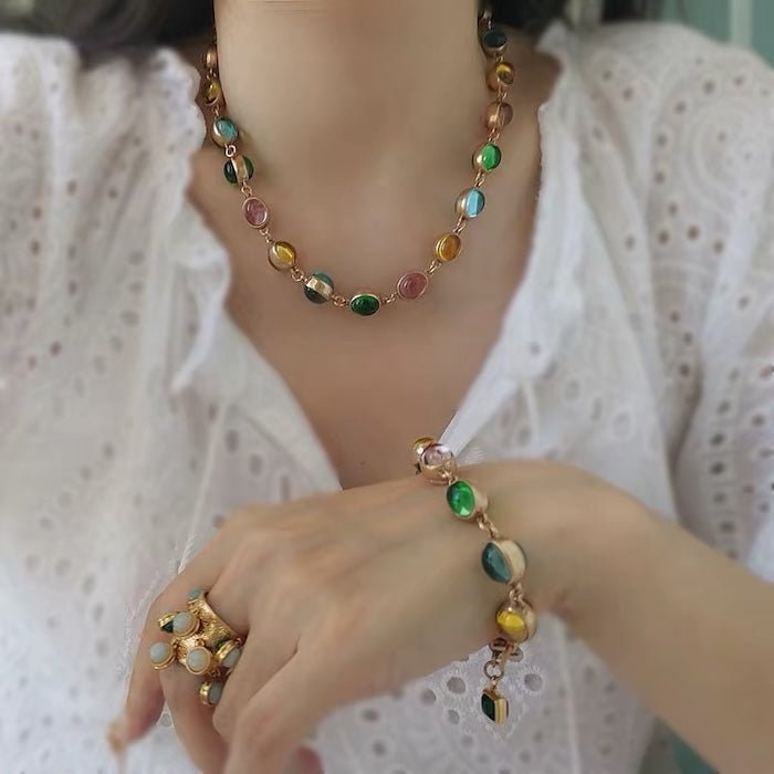Vintage Rainbow Glass Stones Jewelry Set