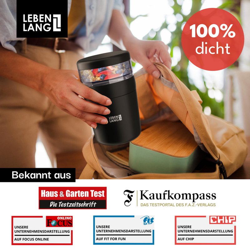 LEBENLANG Müslibecher To Go mit Löffel - Isolierende Edelstahlinnenwand & 650ml I Joghurtbecher to go Müslibecher Müsli to go Becher für Porridge Joghurt Yoghurt Kinder & Erwachsene Unterwegs