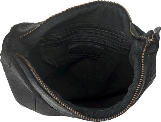Ruime buffelleren schoudertas – Zwarte leren handtas voor dames