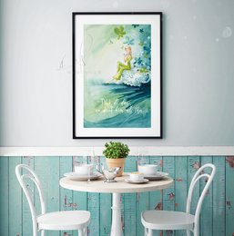 A fine art print featuring a whimsical, watercolor-style illustration of a fairy or pixie-like figure surrounded by lush, green foliage and a flowing stream. The print is available in three size variants: 20x30, 30x40, and 40x50 inches.