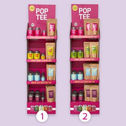 A tall, rectangular display stand with multiple shelves holding various tea products. The display is primarily pink and yellow in color, with the "POP TEE" branding prominently featured.