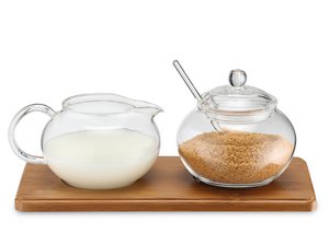 Sugar / cream set glass with bamboo tray