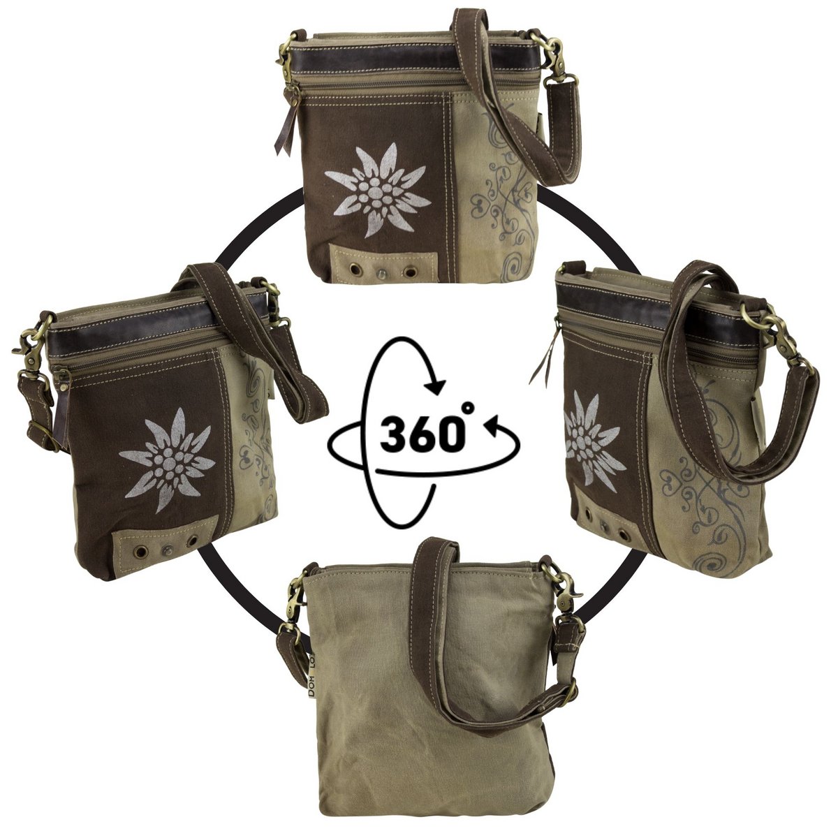 Domelo traditionele tas. Dames schoudertas. Dirndl schoudertas gemaakt van canvas (canvas) & leer. Handtas in traditionele stijl met Edelweiss-print. Crossbody tas voor dames als Oktoberfest accessoires.