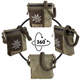 Domelo Trachtentasche. Damen Umhängetasche. Dirndl Schultertasche aus Canvas ( Segeltuch) & Leder. Handtasche in Trachten Stil mit Edelweiß Aufdruck. Crossbody Tasche für Frauen als Oktoberfest Accessoires.