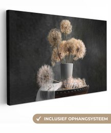 Lærredsmaleri - vægdekoration - blomsterfrø - mælkebøtte - vase - stilleben - buket