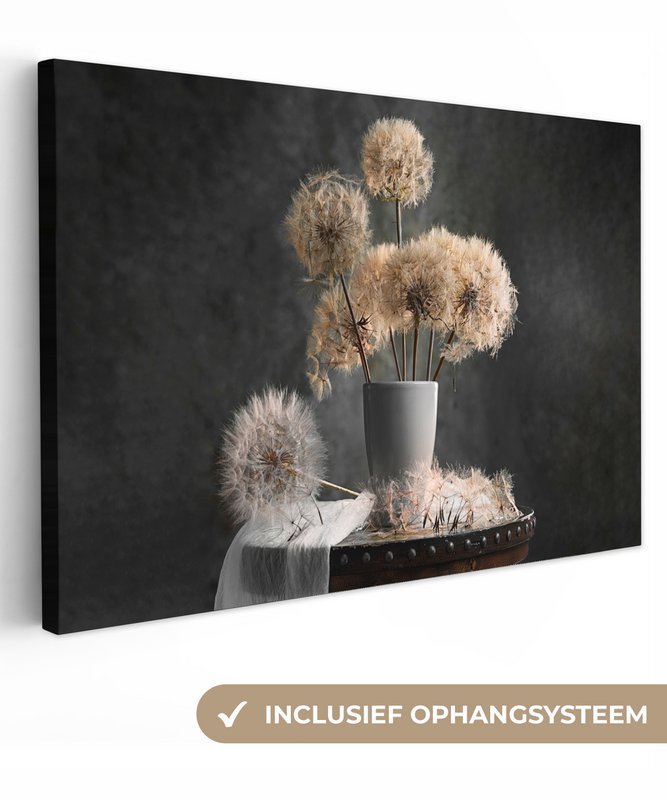 Lærredsmaleri - vægdekoration - blomsterfrø - mælkebøtte - vase - stilleben - buket
