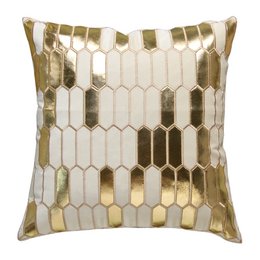 Elegantly designed beige cushion with a geometric hexagon pattern in shimmering gold tones, perfect for adding a touch of luxury to any living space.