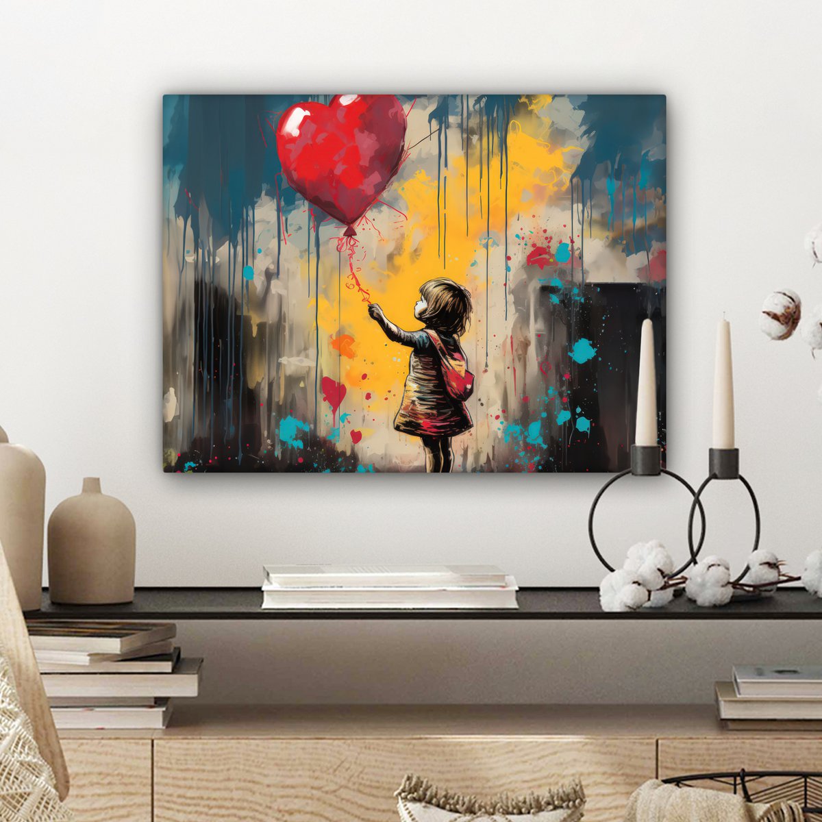 Canvas schilderij  - Wanddecoratie Meisje - Ballon - Hart - Graffiti - Muurdecoratie woonkamer - Slaapkamer decoratie - Kamer accessoires - Schilderijen op canvas