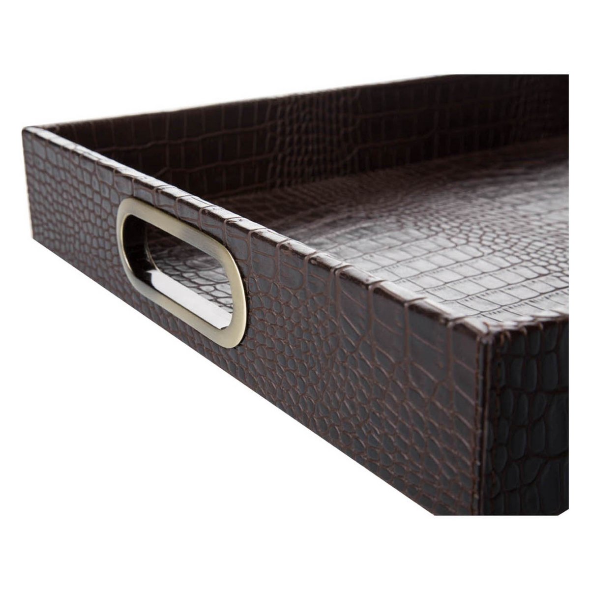 Plateau rectangulaire avec poignées en laiton crocodile marron foncé