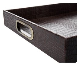 Plateau rectangulaire avec poignées en laiton crocodile marron foncé