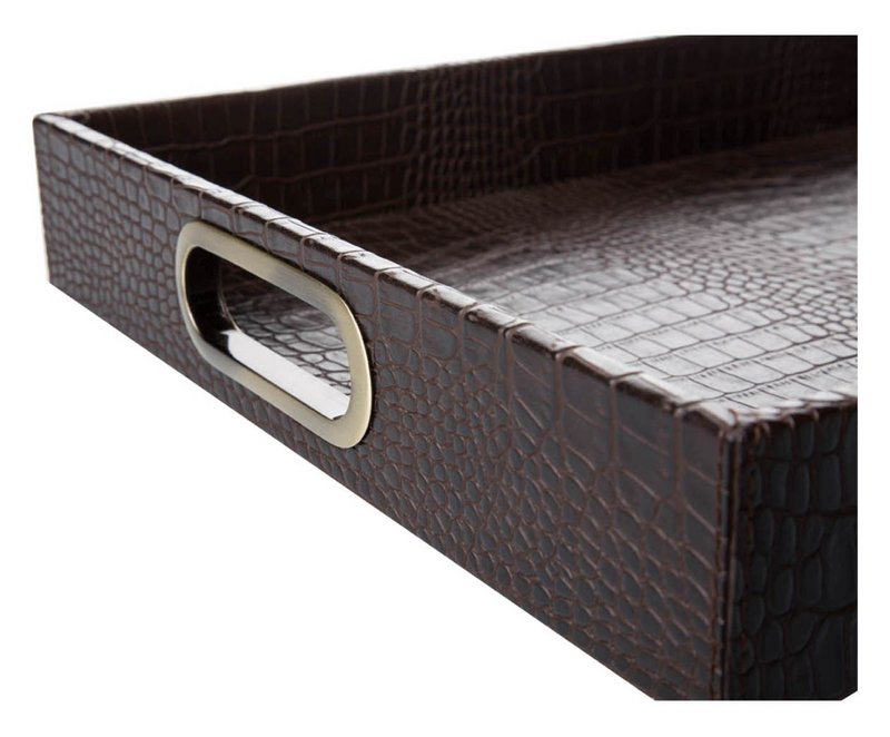 Plateau rectangulaire avec poignées en laiton crocodile marron foncé