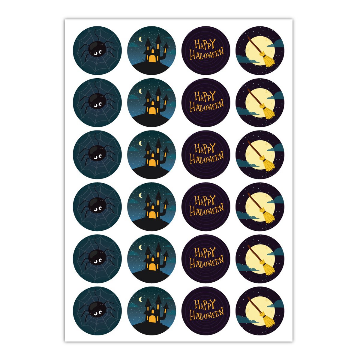 24 cool Halloween stickers to scare you with spiders and witches' brooms: Happy Halloween, blue, MATTE paper stickers also (ø 45mm; 4 motifs)