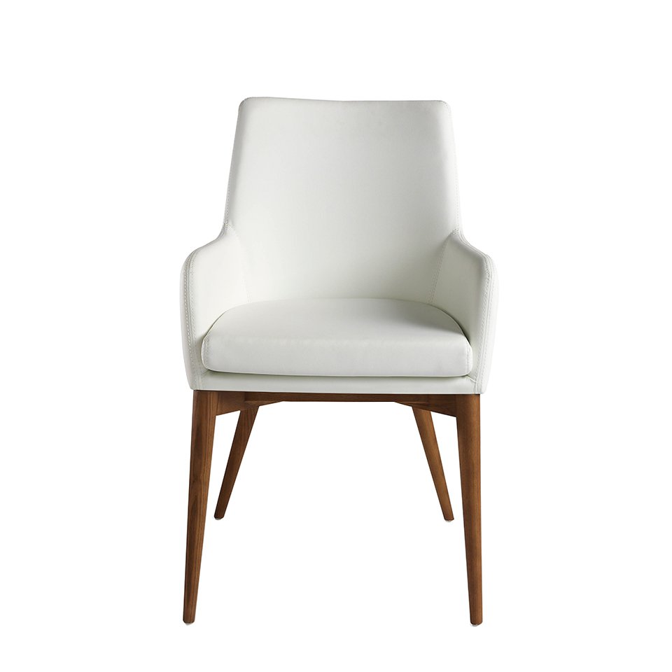 Stoel bekleed met kunstleer met walnootkleurige houten structuur