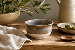 Rustic ceramic bowl with a rusty, earthy tone and a simple, minimalist design. Suitable for serving food or as a decorative piece.