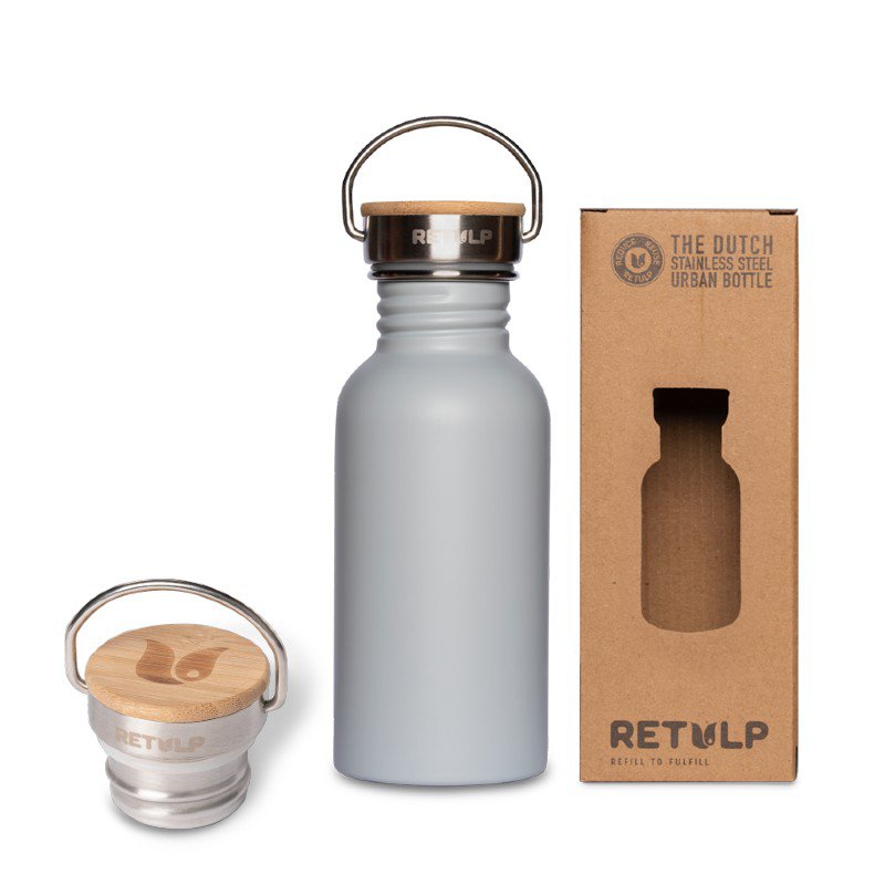 Stainless steel drinking bottle bamboo cap 500 ml stem GRAY