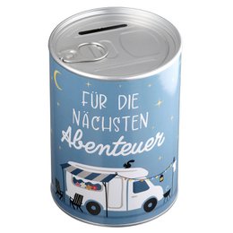 Spardose, zylindrisch, "Camperglück", Spruch, Wohnmobilmotiv, Metall, blau, VE 18, H. 12 cm, D. 8.5 cm