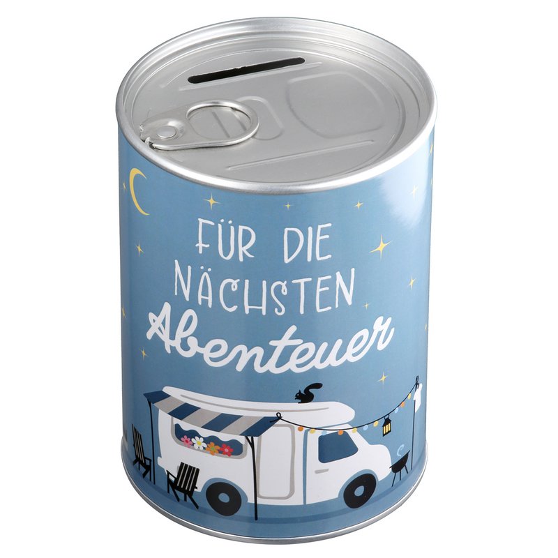 Spardose, zylindrisch, "Camperglück", Spruch, Wohnmobilmotiv, Metall, blau, VE 18, H. 12 cm, D. 8.5 cm