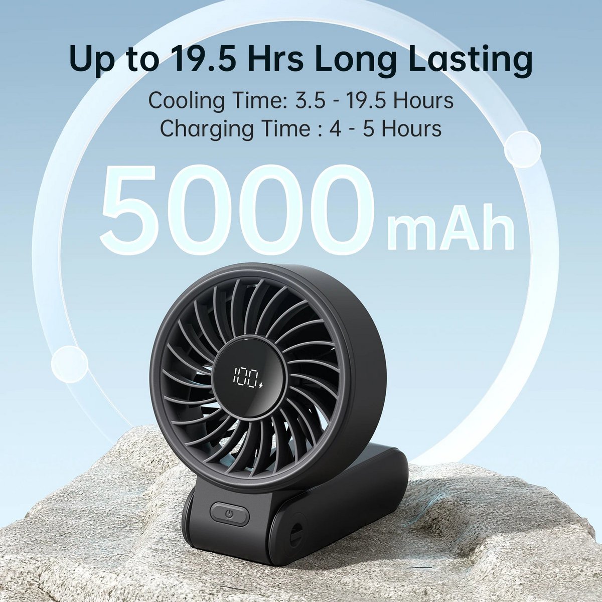 JISULIFE Tragbarer Handventilator mit LED-Anzeige, 5 Geschwindigkeiten, 5000 mAh, 150° gefaltet, 3-in-1-Hand-/Schreibtisch-/Hals-Multifunktionsventilator