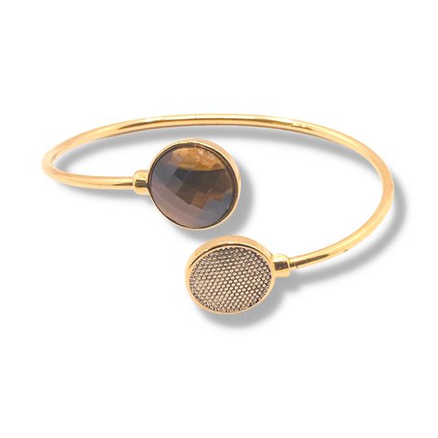 Parelachtige edelsteen manchetarmband met wit rhodium - Tijgeroog