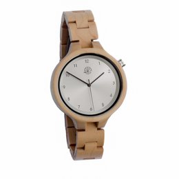 Elegant oak-colored watch with a simple, minimalist design featuring a round face and metal bracelet.