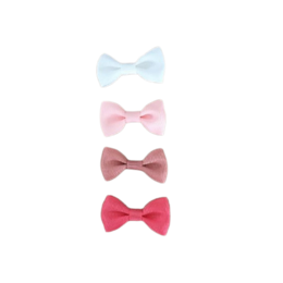 Set of 4 baby pink, light blue, brown, and red bow hair clips for kids. Soft, flexible material perfect for delicate hair. Stylish accessory for any occasion.