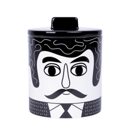Black and white storage jar with a stylized face design, suitable for storing kitchen items.