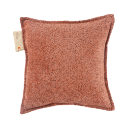 A cozy, square cushion in a warm, rusty orange color. The cushion has a soft, plush texture and is suitable for use in a variety of home decor settings.