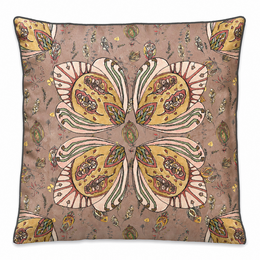 Decorative cushion cover, square 45x45cm, ornate floral damask pattern, gold and taupe colors, vintage botanical design.